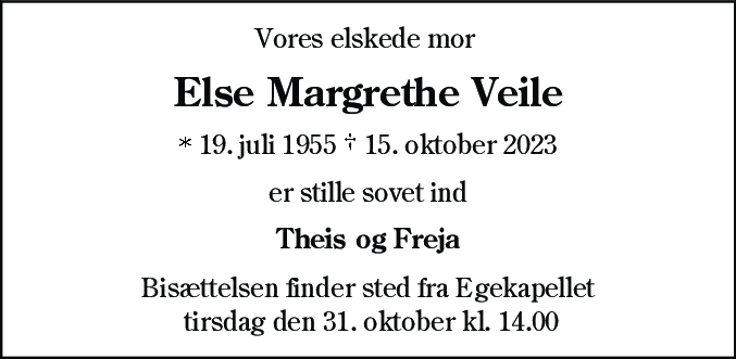 Dødsannonce for Else Margrethe Veile