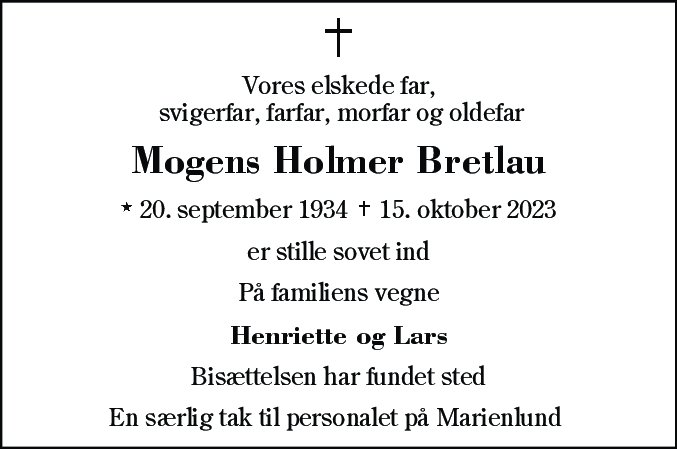 Dødsannonce for Mogens Holmer Bretlau