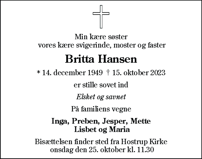 Dødsannonce for Britta Hansen