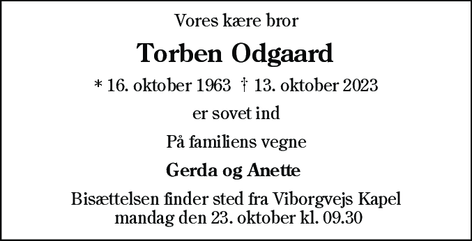 Dødsannonce for Torben Odgaard
