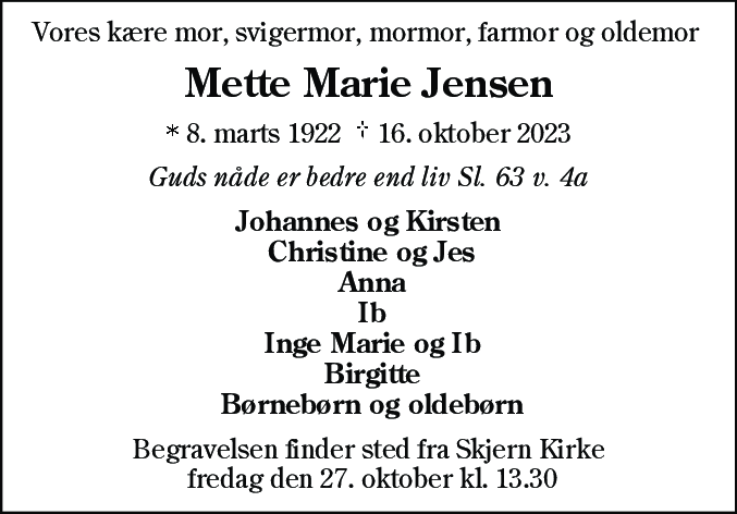 Dødsannonce for Mette Marie Jensen