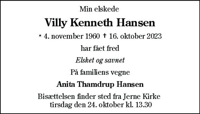 Dødsannonce for Villy Kenneth Hansen