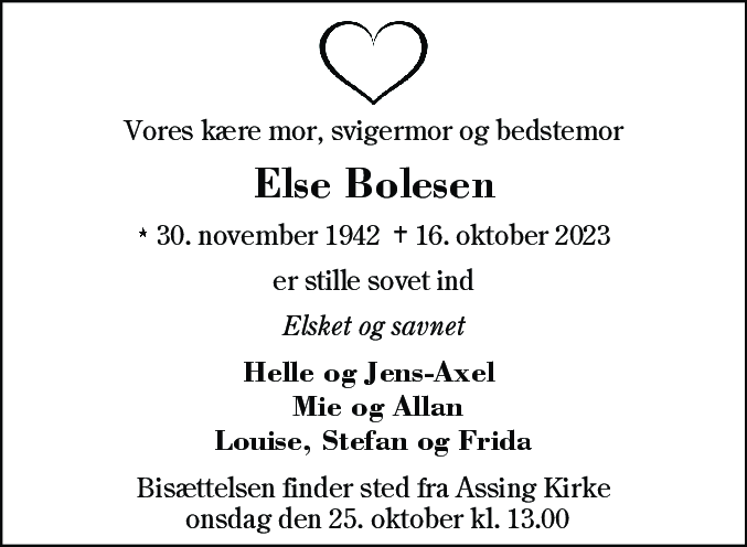 Dødsannonce for Else Bolesen