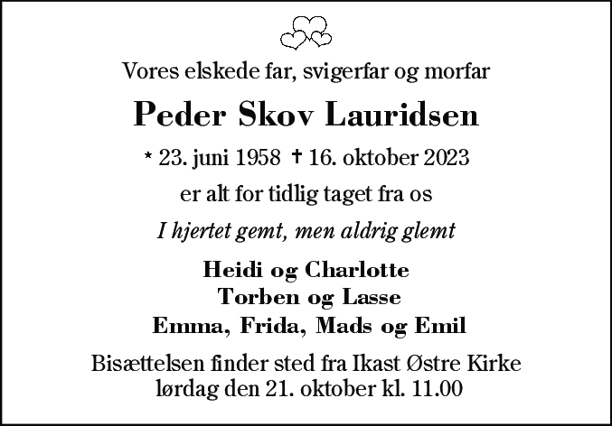 Dødsannonce for Peder Skov Lauridsen