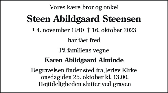 Dødsannonce for Steen Abildgaard Steensen