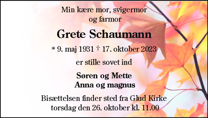 Dødsannonce for Grete Schaumann