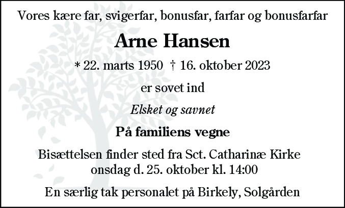 Dødsannonce for Arne Hansen