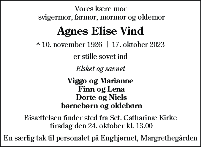 Dødsannonce for Agnes Elise Vind