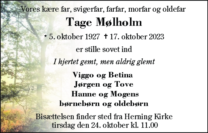 Dødsannonce for Tage Nielsen Mølholm
