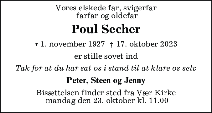 Dødsannonce for Poul Secher