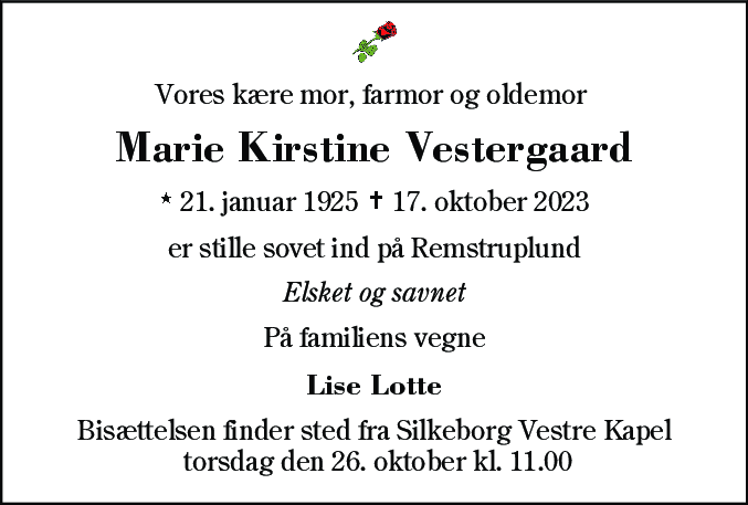Dødsannonce for Marie Kirstine Vestergaard