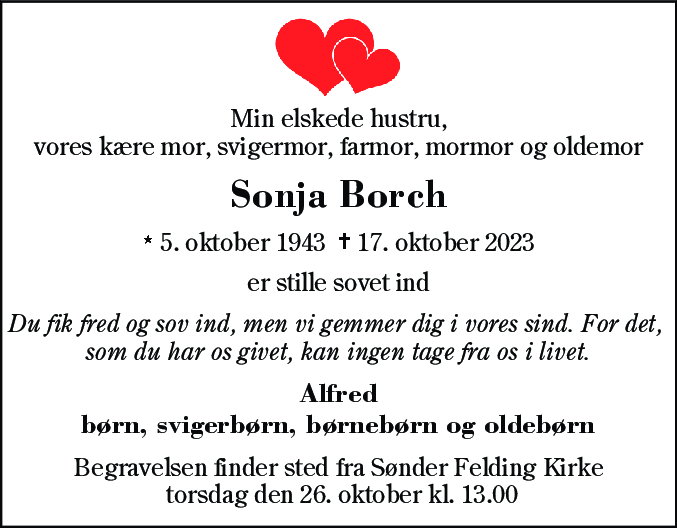 Dødsannonce for Sonja Borch