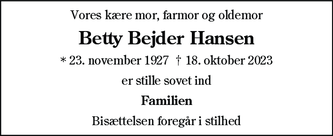Dødsannonce for Betty Bejder Hansen