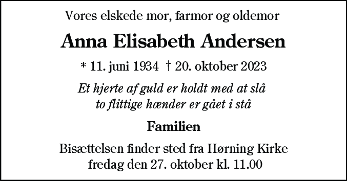 Dødsannonce for Anna Elisabeth Andersen
