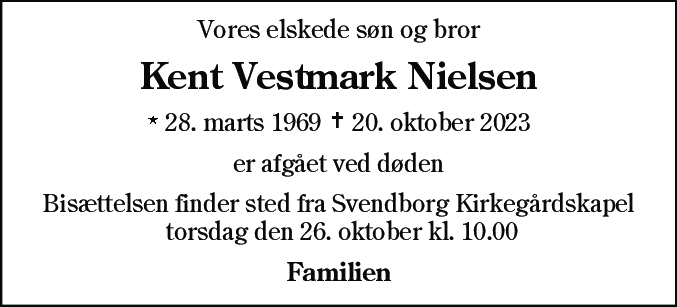 Dødsannonce for Kent Vestmark Nielsen