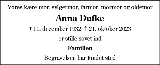 Dødsannonce for Anna Gudrun Dufke