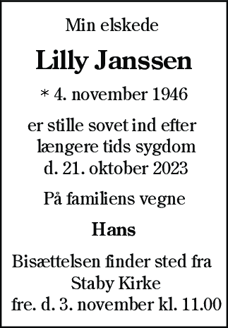 Dødsannonce for Lilly Janssen