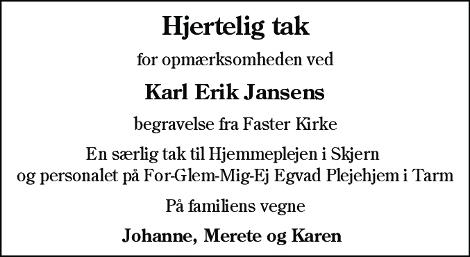 Dødsannonce for Karl Erik Jansen
