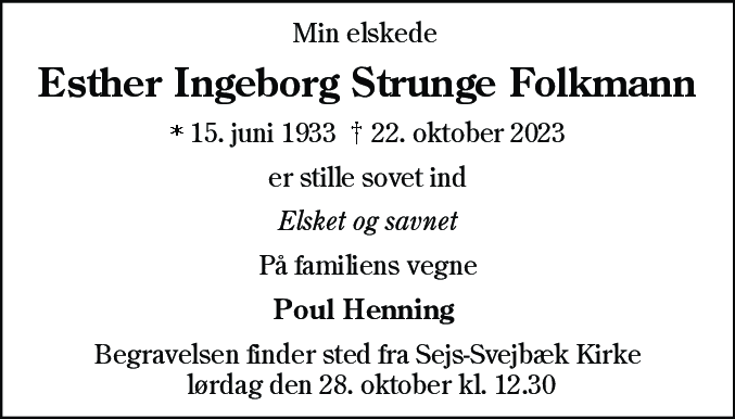 Dødsannonce for Esther Ingeborg Strunge Folkmann