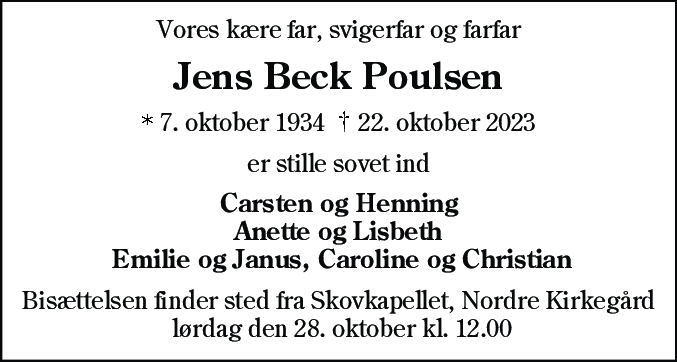 Dødsannonce for Jens Beck Poulsen