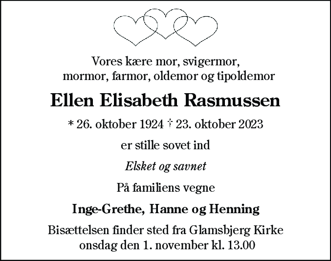 Dødsannonce for Ellen Elisabeth Rasmussen