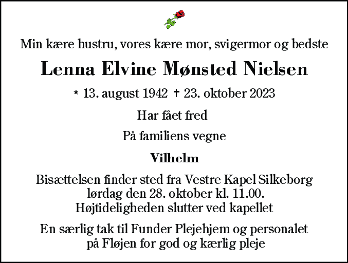 Dødsannonce for Lenna Elvine Mønsted Nielsen
