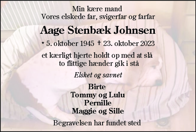 Dødsannonce for Aage Stenbæk Johnsen