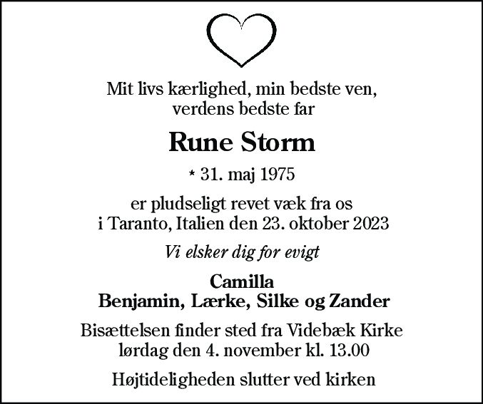 Dødsannonce for Rune Storm