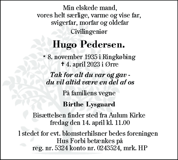 Dødsannonce for Hugo Pedersen