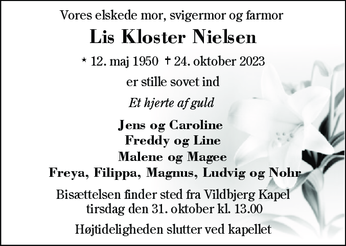 Dødsannonce for Lis Kloster Nielsen