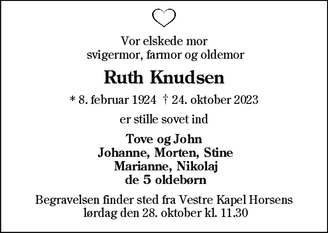 Dødsannonce for Ruth Knudsen