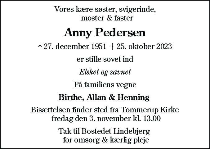 Dødsannonce for Anny Pedersen