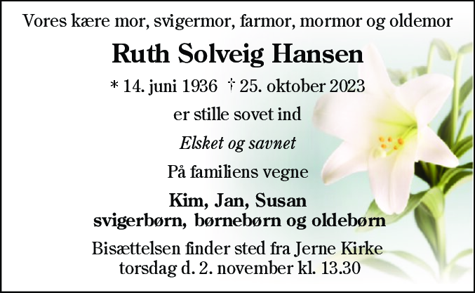 Dødsannonce for Ruth Solveig Hansen