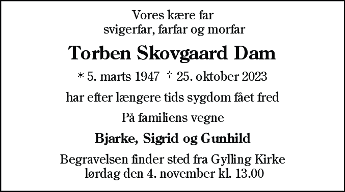 Dødsannonce for Torben Skovgaard Dam