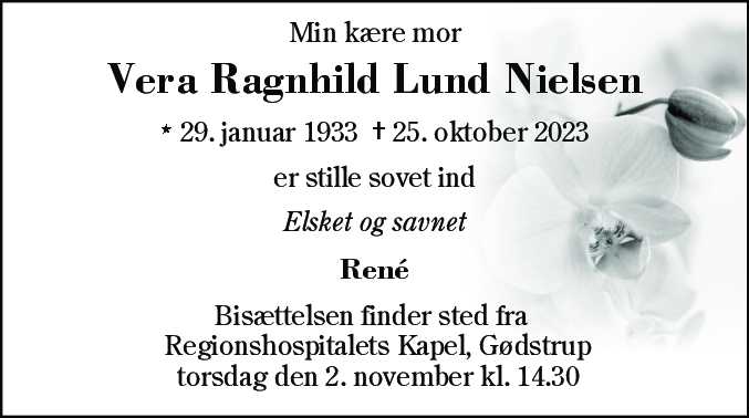 Dødsannonce for Vera Ragnhild Lund Nielsen