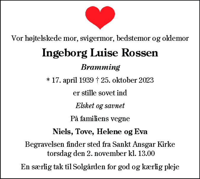 Dødsannonce for Ingeborg Louise Rossen