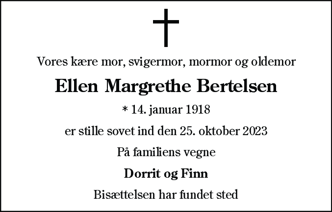Dødsannonce for Ellen Margrethe Bertelsen