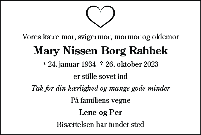 Dødsannonce for Mary Nissen Borg Rahbek