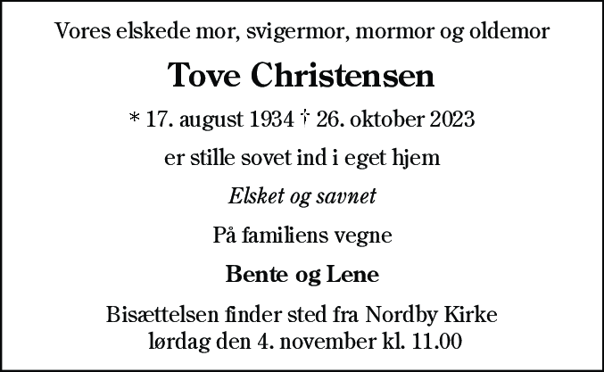 Dødsannonce for Tove Christensen