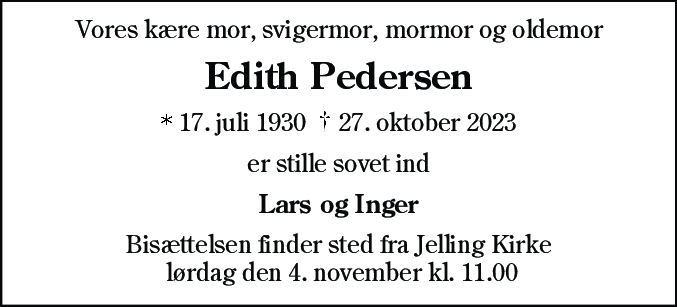 Dødsannonce for Edith Irene Pedersen