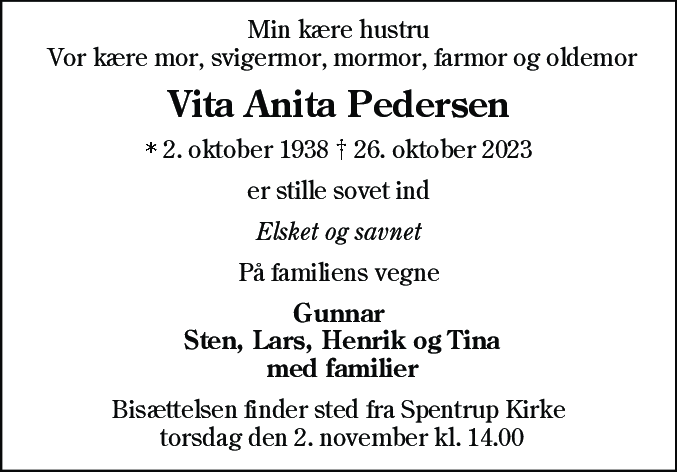 Dødsannonce for Vita Anita Pedersen