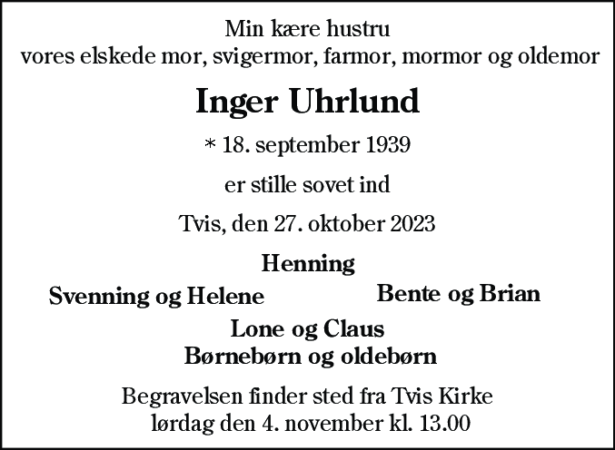 Dødsannonce for Inger Uhrlund