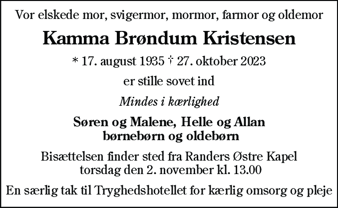 Dødsannonce for Kamma Brøndum Elmenhoff Kristensen