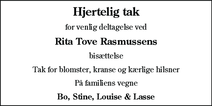 Dødsannonce for Rita Tove Rasmussen