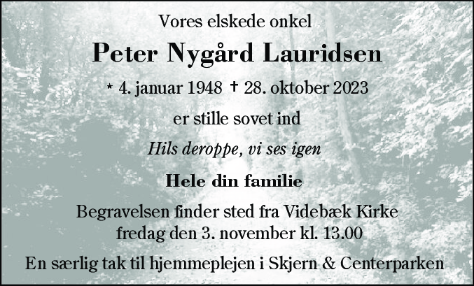 Dødsannonce for Peter Nygård Lauridsen
