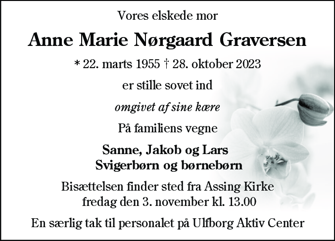 Dødsannonce for Anne Marie Nørgaard Graversen