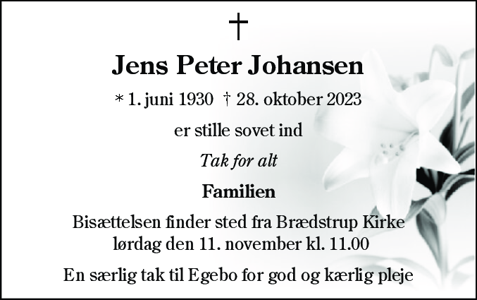Dødsannonce for Jens Peter Johansen