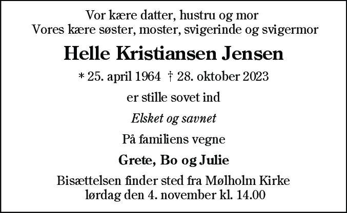 Dødsannonce for Helle Jensen