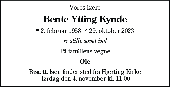 Dødsannonce for Bente Ytting Kynde