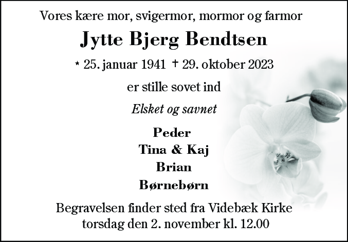 Dødsannonce for Jytte Bjerg Bendtsen